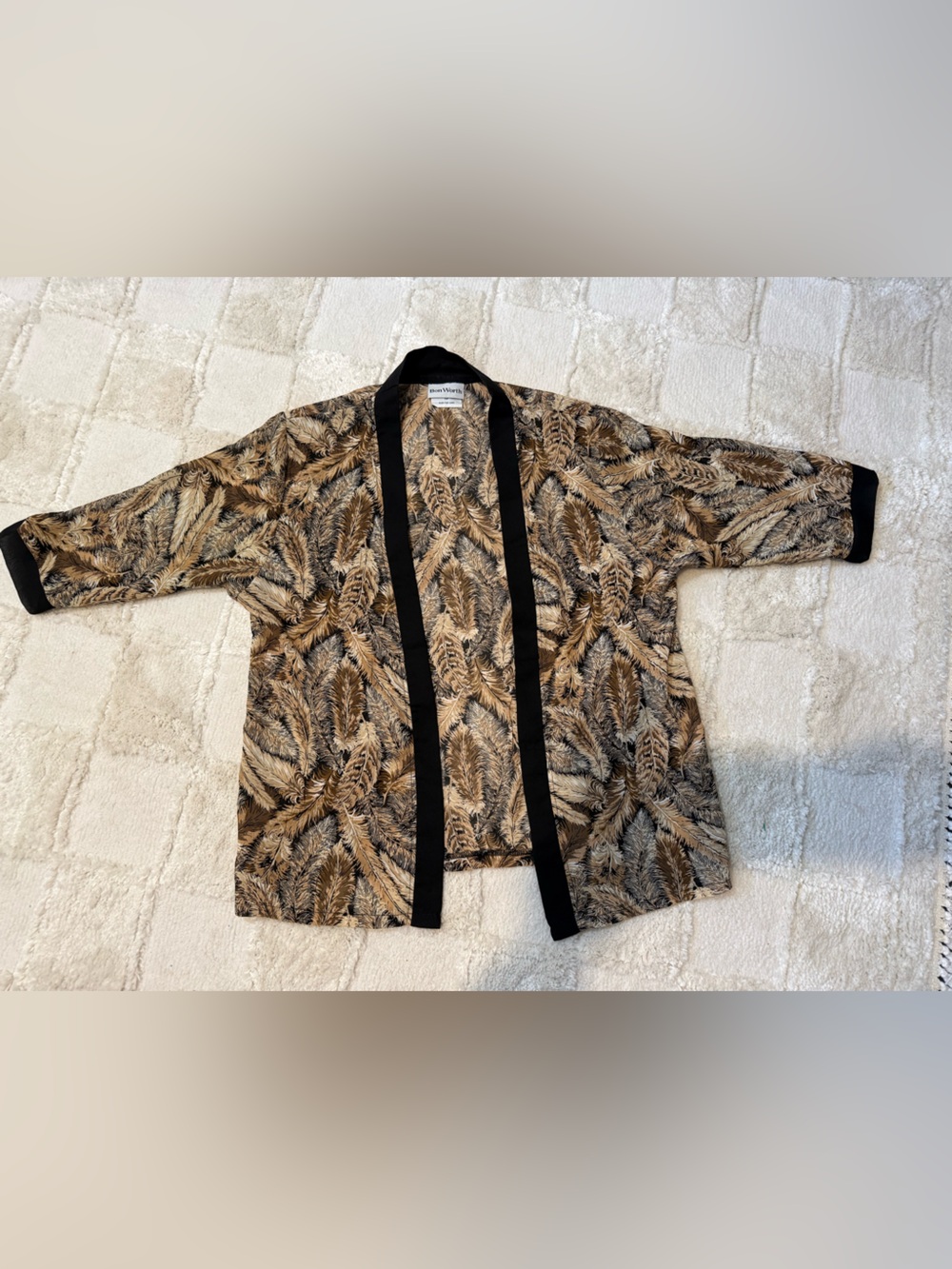Bon Worth Tan & Black feather-Print Open Front Kimono XSP